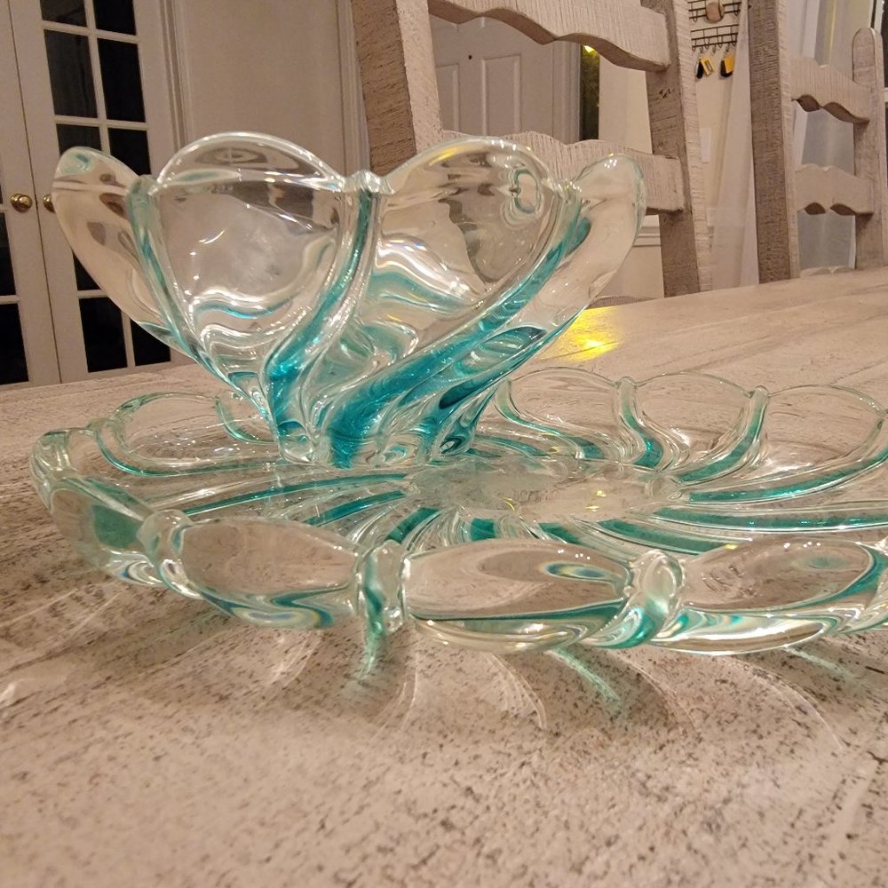 Vintage Mikasa Green "Peppermint Swirl" Oval Lead Crystal Candy Dish & Votive Se - Picture 3 of 5